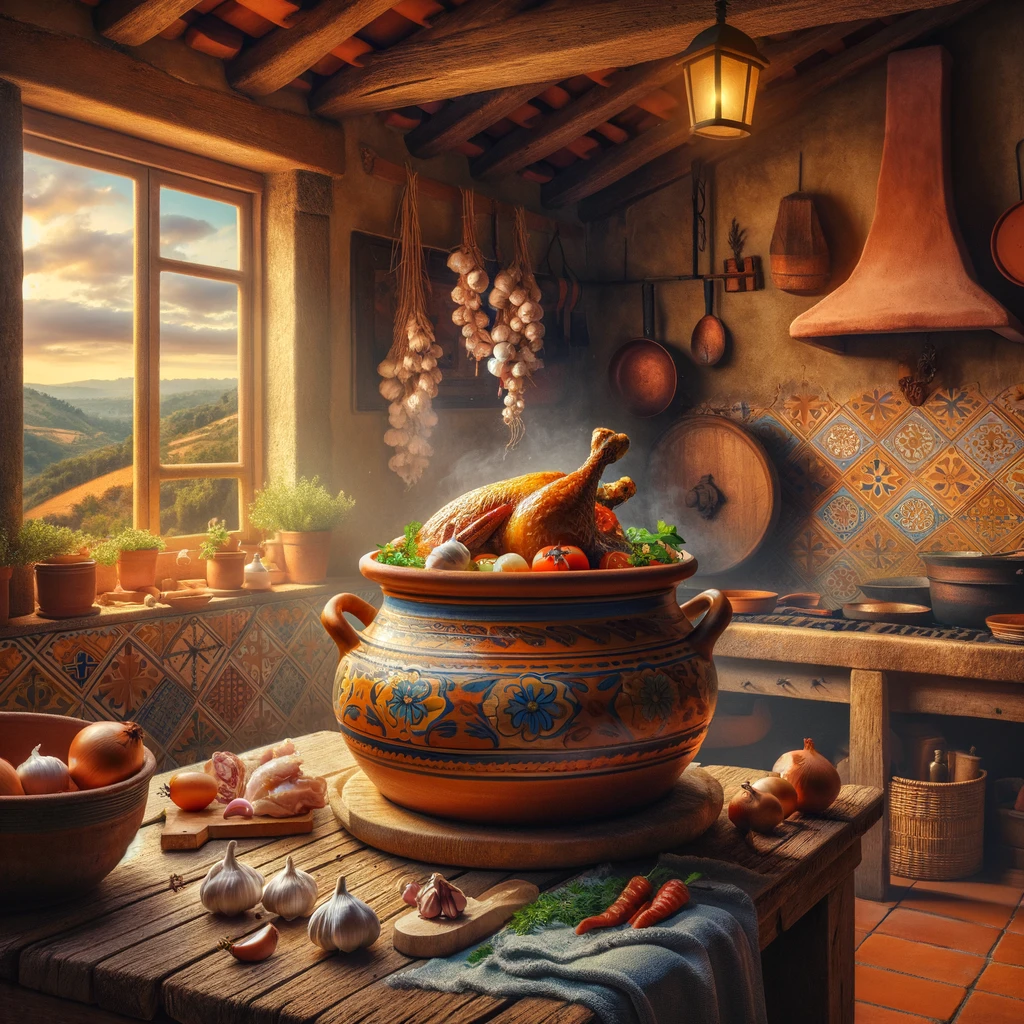 une image représentant une scène de cuisine portugaise rustique et traditionnelle avec une marmite Pucara en céramique cuisinant le Poulet na Pucara. Cette image capture le charme d'antan d'une cuisine portugaise, avec des carreaux en terre cuite et des poutres en bois, et offre une vue sur la campagne portugaise à travers une fenêtre.