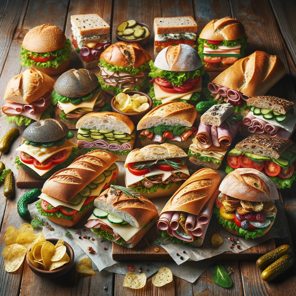 Assortiment de sandwiches gourmets sur bois, accompagnés de chips et cornichons.

