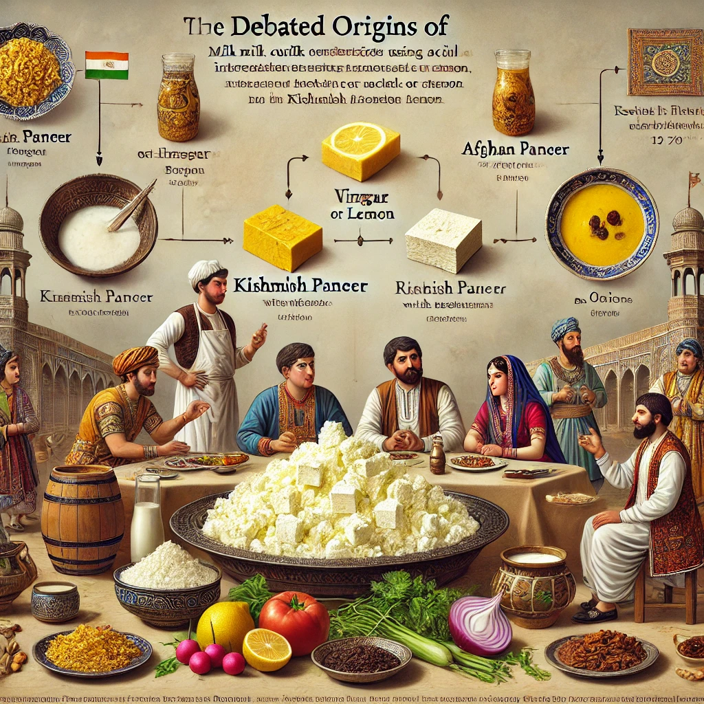 Illustration de la véritable origine débattue du paneer, intégrant les influences portugaises, afghanes et persanes à travers l’histoire.