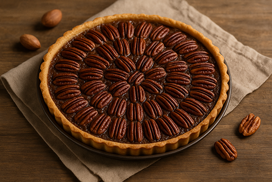 Pecan pie américaine brillante au sirop d’érable, garnie de noix de pécan entières disposées en cercles sur une pâte dorée à bords cannelés, posée sur une table en bois avec un linge beige, ambiance chaleureuse de Thanksgiving.
