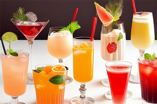 Différents cocktails aux couleurs vives — orange, rouge, rose et crème — présentés dans des verres à pied et gobelets décorés de rondelles de citron vert, tranches d’orange, figues, fraises et feuilles de menthe, avec pailles rouges.