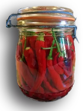 Bocal en verre type Le Parfait rempli de petits piments rouges entiers en cours de fermentation, posé sur fond sombre