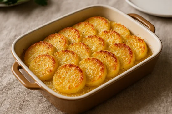 Plat gratiné de gnocchis à la romaine, dorés au four, disposés en disques chevauchés dans un plat en céramique, saupoudrés de parmesan et de beurre fondu.