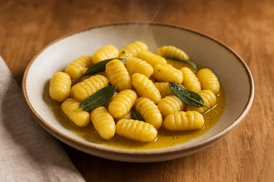 Assiette artisanale de gnocchis maison dorés au beurre de sauge, encore fumants, dans une céramique rustique posée sur une table en bois clair. Feuilles de sauge fraîches et sauce dorée autour des gnocchis.