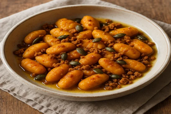 Assiette de gnocchis de potimarron maison nappés de beurre, parsemés d’éclats de spéculoos et de graines de courge torréfiées, sur une nappe de lin beige et une table en bois clair.
