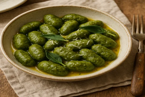 Assiette rustique de gnocchis verts niçois, appelés « merda de can », nappés de beurre chaud à la sauge et parsemés de fromage râpé, dans un bol en céramique artisanale sur une table en bois clair.
