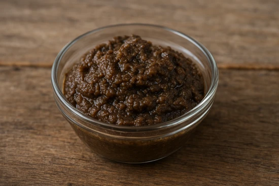 Pissalat niçois (lou pissala) dans un petit bol, pâte d’anchois brune sur table en bois.