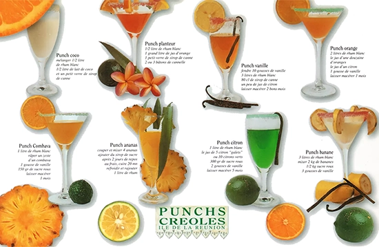 Illustration de différents punchs créoles de l’île de La Réunion avec leurs recettes.