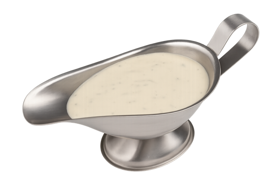 Sauce au Roquefort crémeuse dans une saucière en métal brossé.