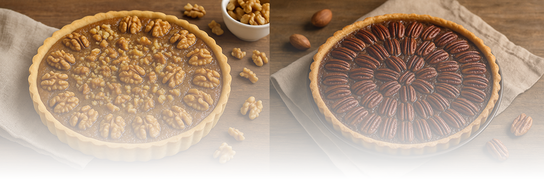 "Deux tartes vues de dessus : à gauche, une tarte aux noix classique dorée au miel avec des cerneaux de noix entiers ; à droite, une pecan pie américaine brillante au sirop d’érable décorée de noix de pécan entières, sur une table en bois avec un linge beige.