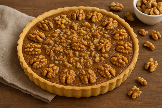 C’est une photo réaliste d’une tarte aux noix classique, dorée et brillante, posée sur une table en bois avec quelques noix autour.
On y voit : une pâte sablée dorée aux bords bien réguliers,

une garniture au miel légèrement caramélisée,

des cerneaux de noix entiers disposés harmonieusement sur le dessus,

un fond rustique (bois et linge beige) typique d’un style “photo culinaire française naturelle”.

Elle correspond donc parfaitement à la recette “Tarte aux noix classique” 🍯🥧.

Souhaites-tu que je crée maintenant l’image assortie pour la Pecan Pie américaine (même format et ambiance cohérente) ?