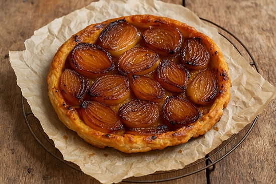 Tarte Tatin d’oignons caramélisés faite maison sur papier cuisson, à l’aspect doré et rustique.