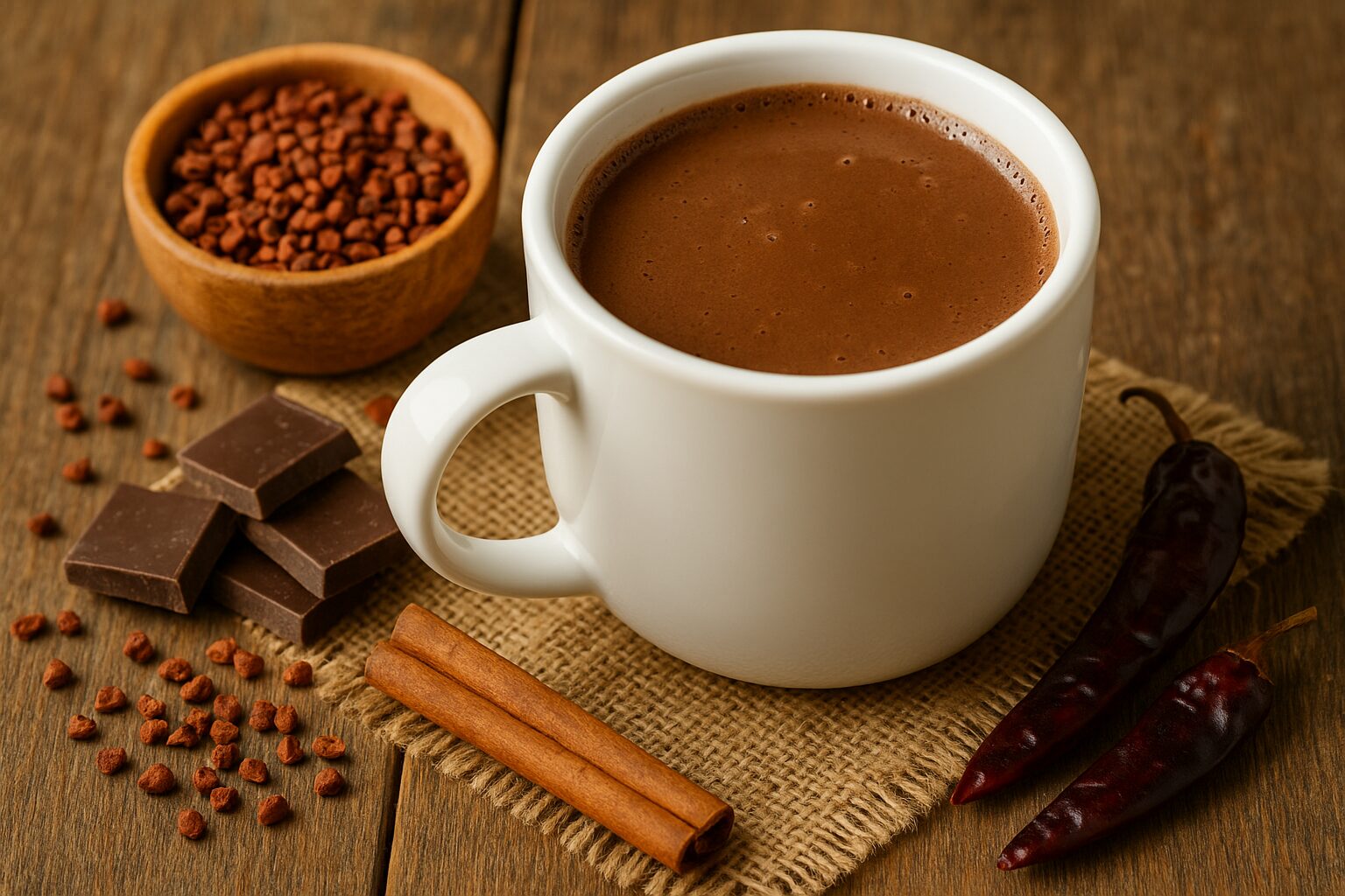 Scène chaleureuse avec une tasse de chocolat chaud à la Maya, selon la recette de Valentine, entourée de ses ingrédients clés.