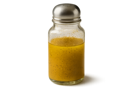 Vinaigrette maison dorée dans un shaker en verre avec couvercle métallique. 
