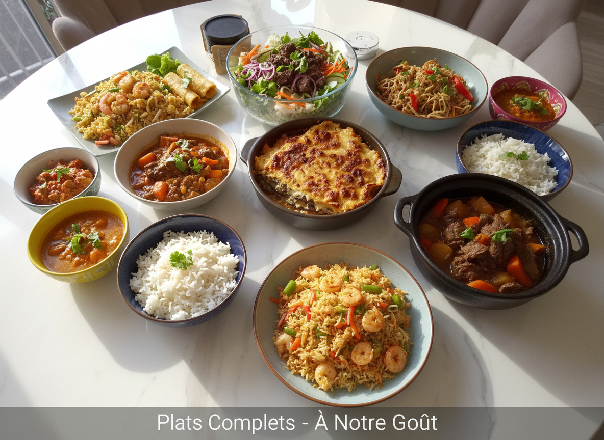 Grande s&eacute;lection de plats complets vari&eacute;s &mdash; riz saut&eacute;s, moussaka, rago&ucirc;ts et salades &mdash; pr&eacute;sent&eacute;e sur une table claire.