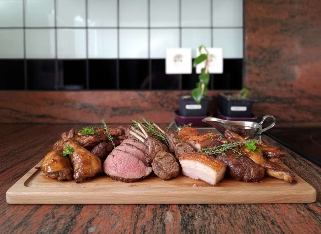 Plateau de viandes vari&eacute;es &mdash; b&oelig;uf, agneau, porc et volaille &mdash; pr&eacute;sent&eacute; sur une planche en bois sur un plan de travail en granit rouge.