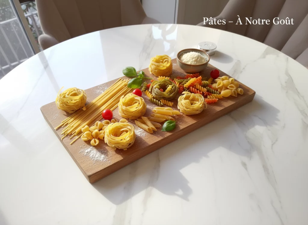 Assortiment de p&acirc;tes s&egrave;ches vari&eacute;es pr&eacute;sent&eacute; sur une planche en bois sur une table claire.