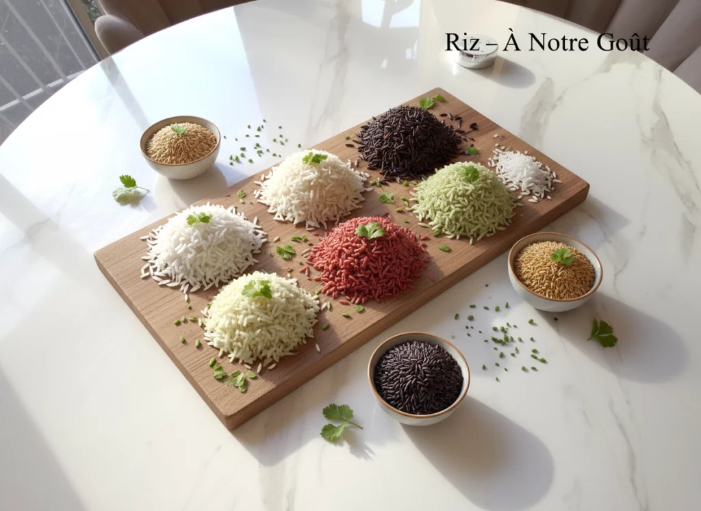 Assortiment de riz de diff&eacute;rentes couleurs dispos&eacute; en petits tas sur une planche en bois, avec quelques bols autour.
