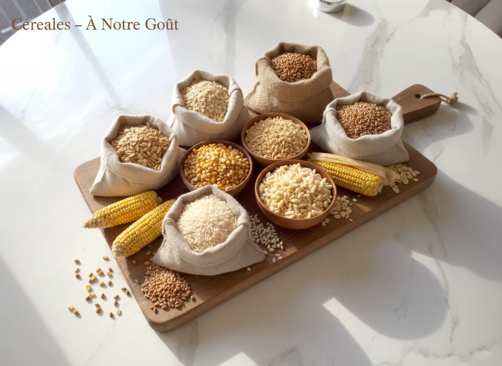 Assortiment de c&eacute;r&eacute;ales vari&eacute;es en sacs et en bols, pr&eacute;sent&eacute; sur une planche en bois sur une table claire.