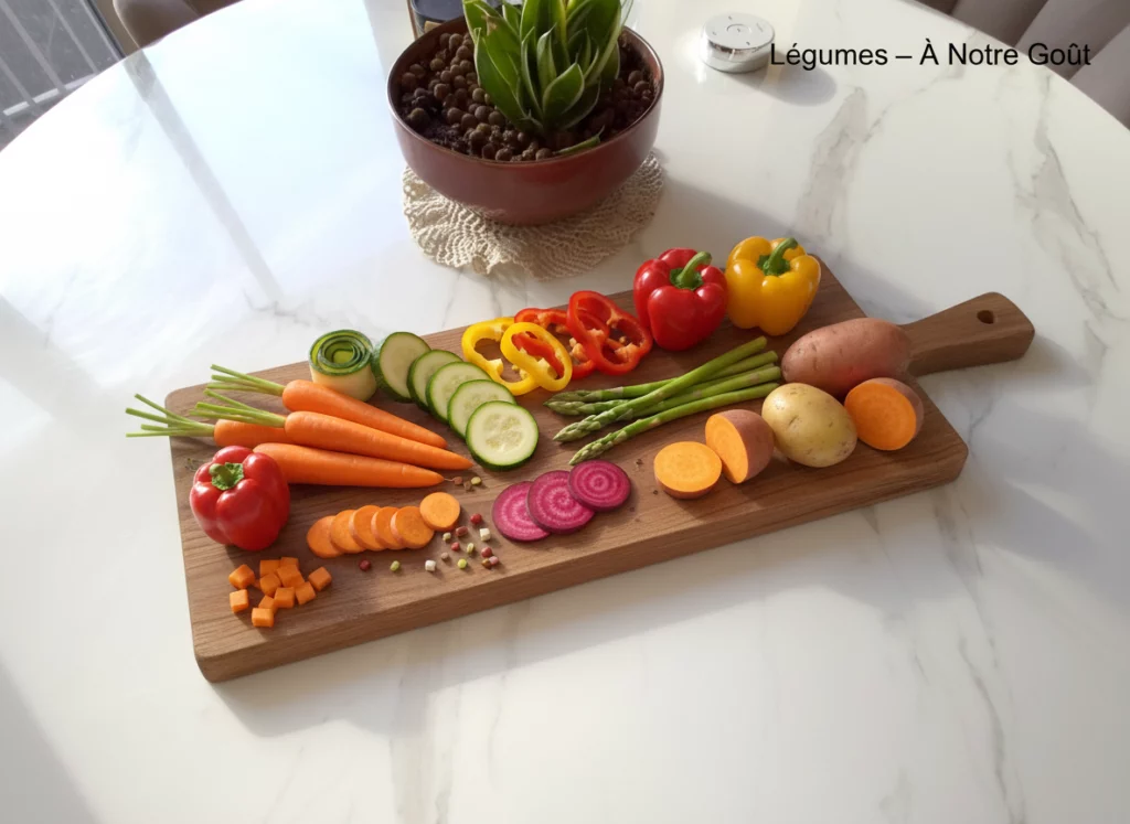 Assortiment de l&eacute;gumes frais tranch&eacute;s et entiers dispos&eacute;s sur une planche en bois, pos&eacute; sur une table claire.