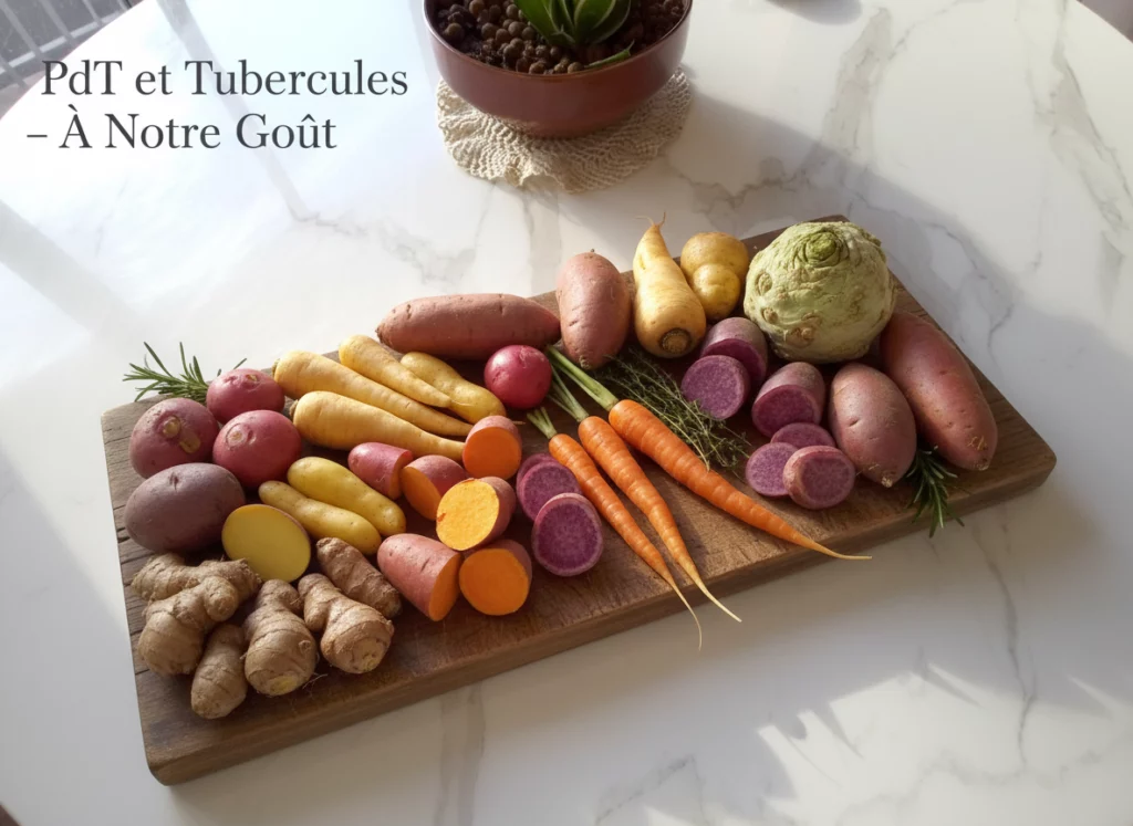 Assortiment de pommes de terre et tubercules vari&eacute;s, entiers et tranch&eacute;s, dispos&eacute;s sur une planche en bois.