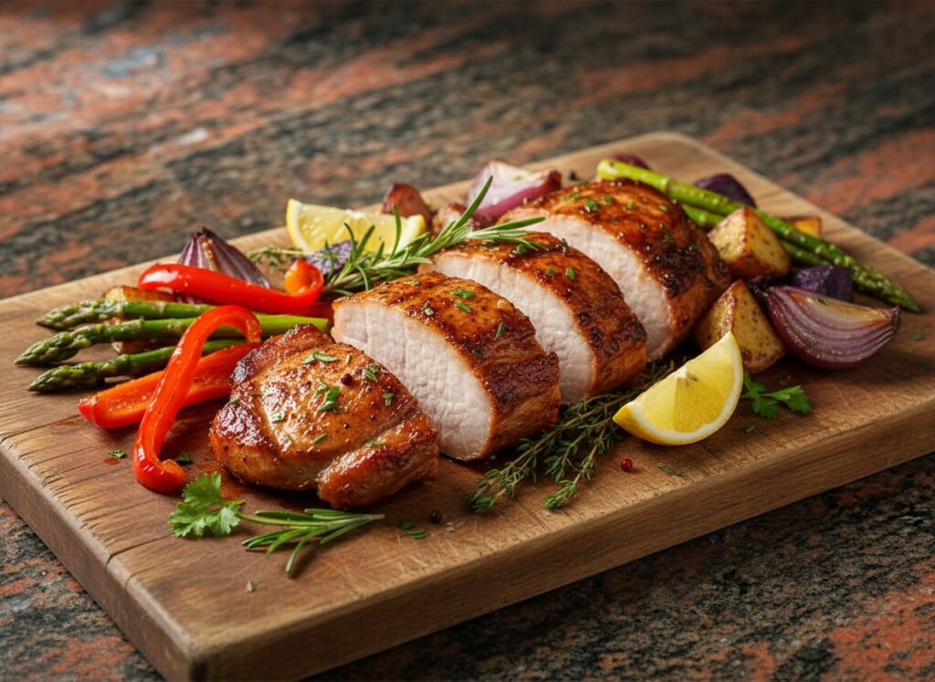 Morceaux de porc r&ocirc;tis tranch&eacute;s, pr&eacute;sent&eacute;s sur une planche en bois avec l&eacute;gumes et citron, sur un plan de travail en granit rouge.