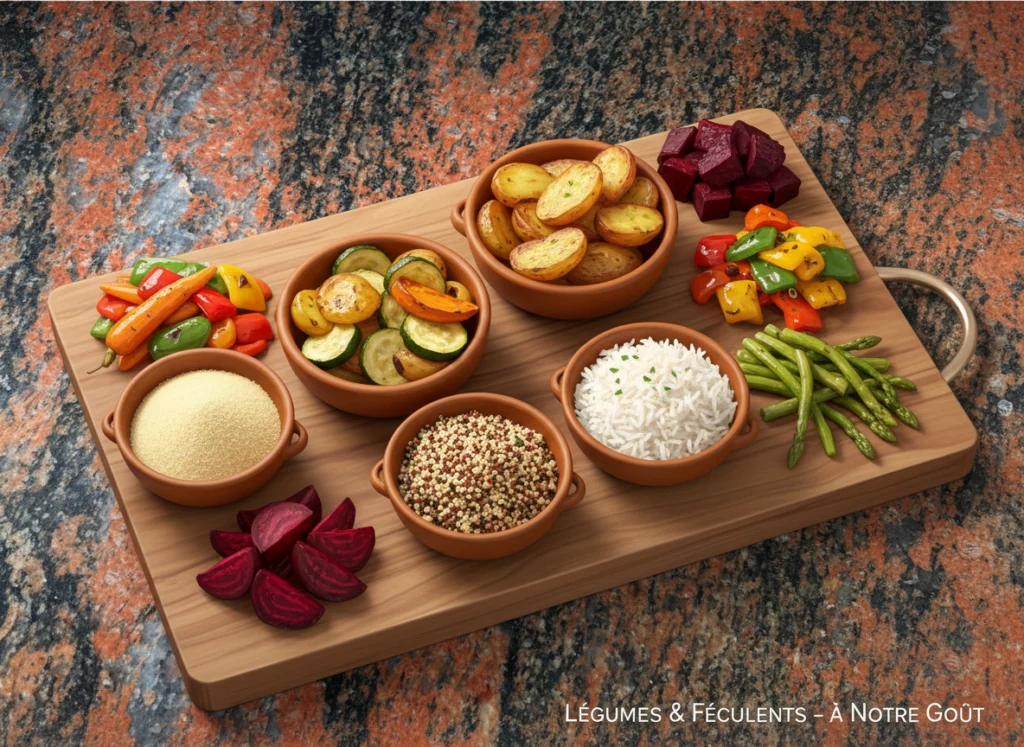 Assortiment de l&eacute;gumes r&ocirc;tis et de f&eacute;culents vari&eacute;s servis dans des bols en terre cuite, pr&eacute;sent&eacute; sur une planche en bois sur un plan de travail en granit rouge.