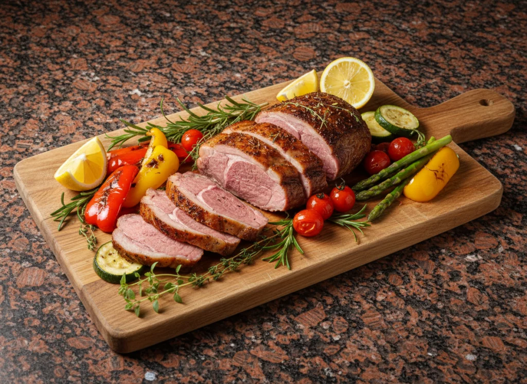 Morceau d&rsquo;agneau r&ocirc;ti tranch&eacute;, pr&eacute;sent&eacute; sur une planche en bois avec l&eacute;gumes grill&eacute;s et citron, sur un plan de travail en granit rouge.