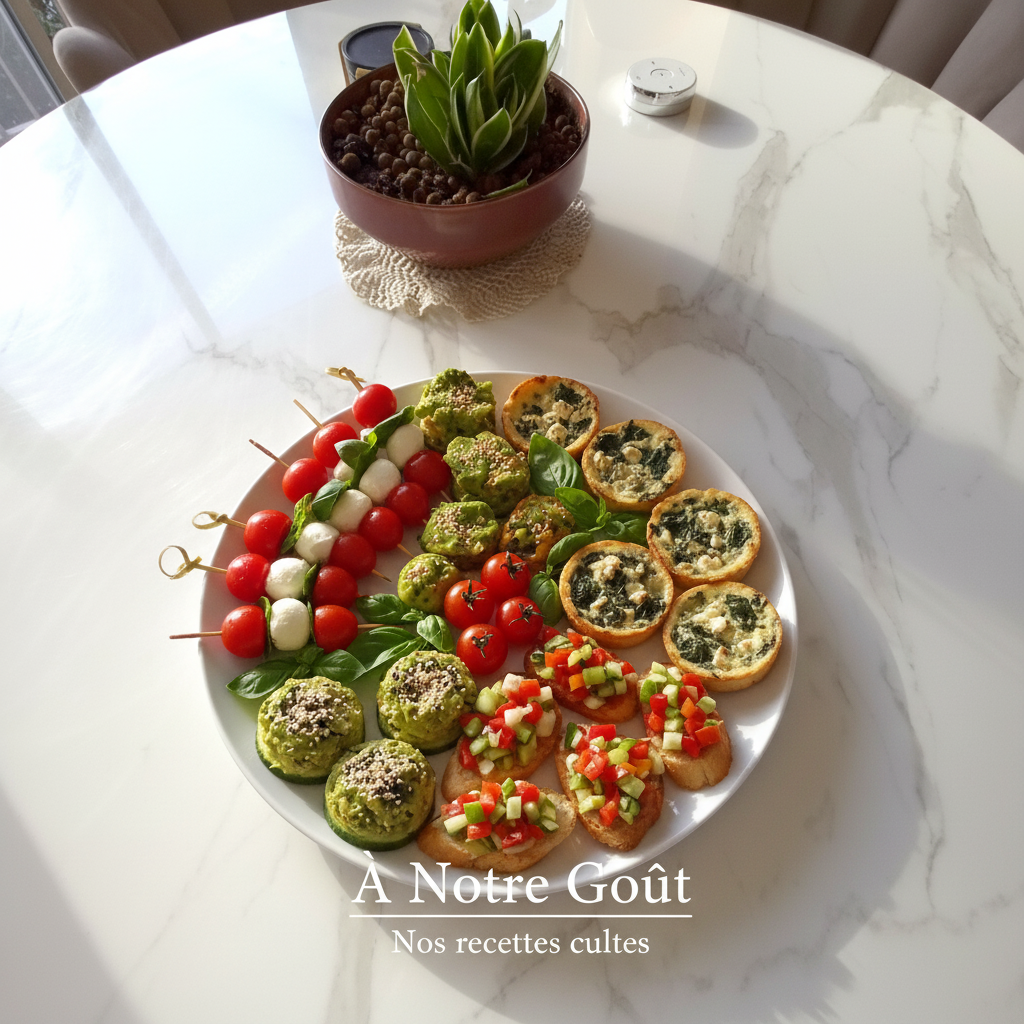 Grand plateau d&rsquo;amuse-gueules vari&eacute;s avec brochettes, bouch&eacute;es et tartines color&eacute;es.