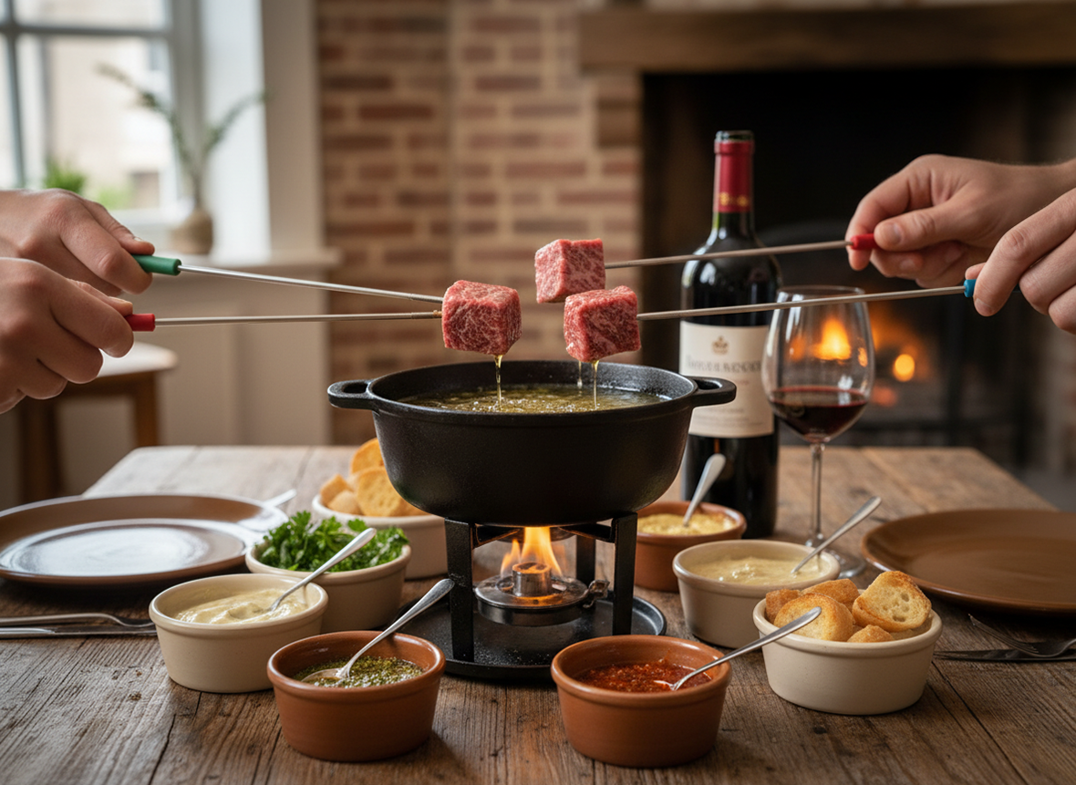 Fondue bourguignonne avec cubes de viande plong&eacute;s dans l&rsquo;huile chaude, entour&eacute;e de sauces et de pain.