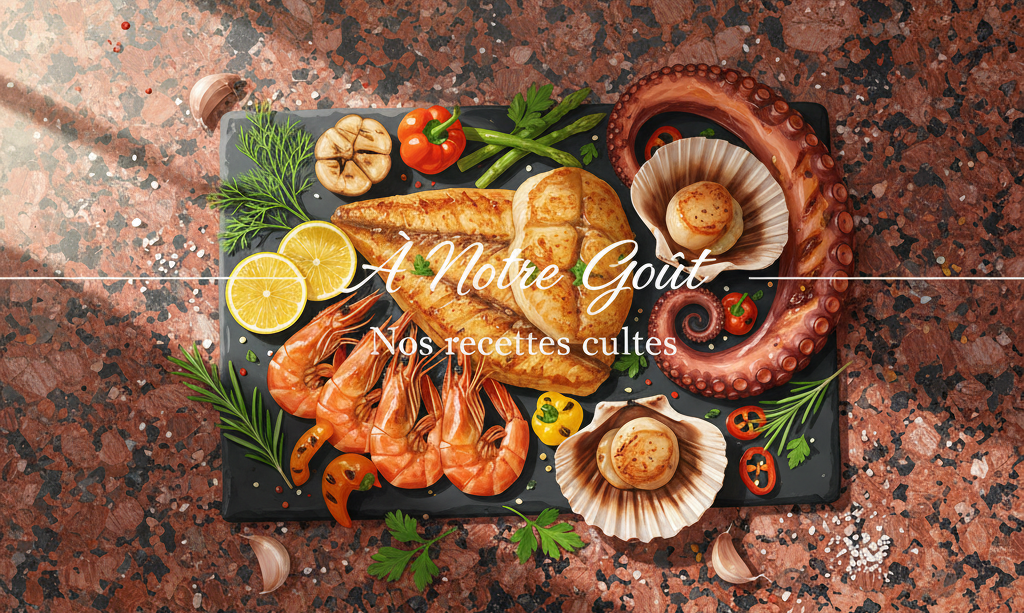 Plateau de poissons et fruits de mer avec filets, crevettes, coquilles et tentacule de poulpe, présenté sur un plan de travail en granit rouge.