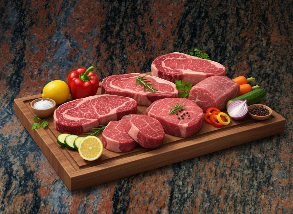 Morceaux de b&oelig;uf crus dispos&eacute;s sur une planche en bois avec l&eacute;gumes et citron, sur un plan de travail en granit rouge.