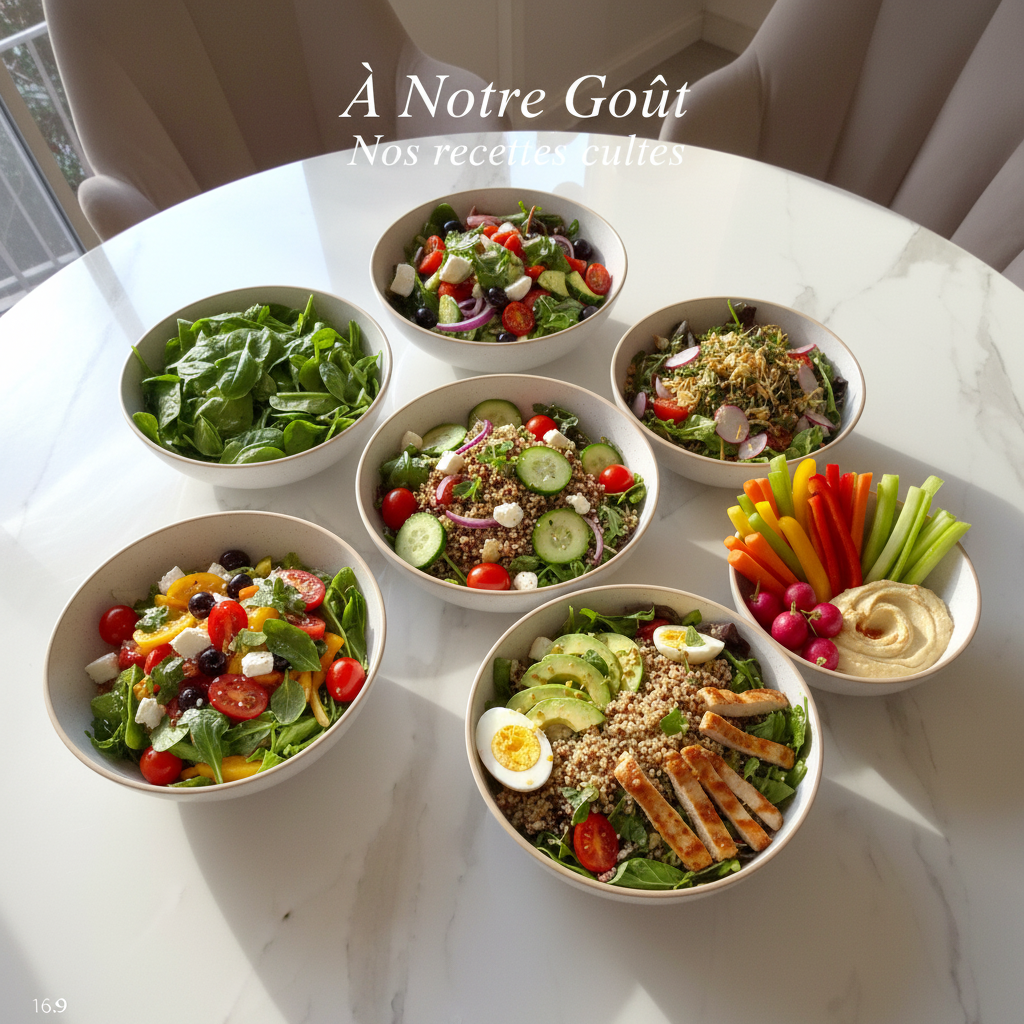 Ensemble de bols remplis de diff&eacute;rentes salades fra&icirc;ches et color&eacute;es, pos&eacute; sur une table en verre tremp&eacute; imitation marbre blanc.