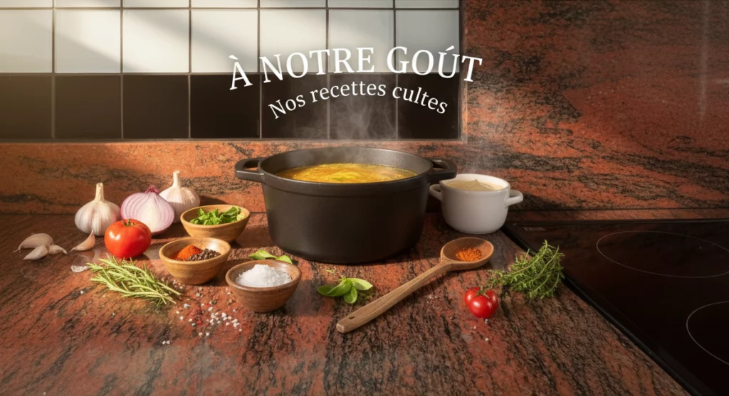Casserole de bouillon fumant posée sur un plan de travail en granit rouge et noir, entourée de condiments et d’herbes fraîches.