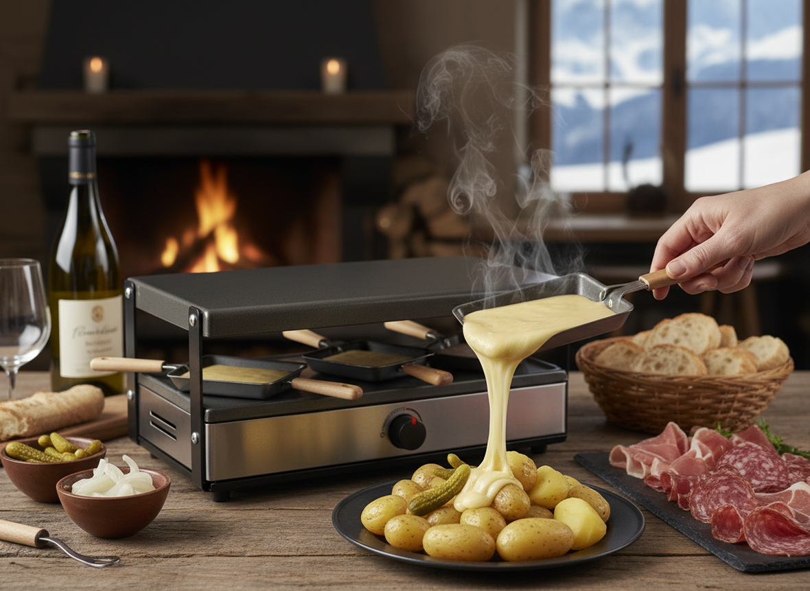 Raclette chaude vers&eacute;e sur des pommes de terre, avec charcuterie, cornichons et pain devant un service &agrave; raclette.