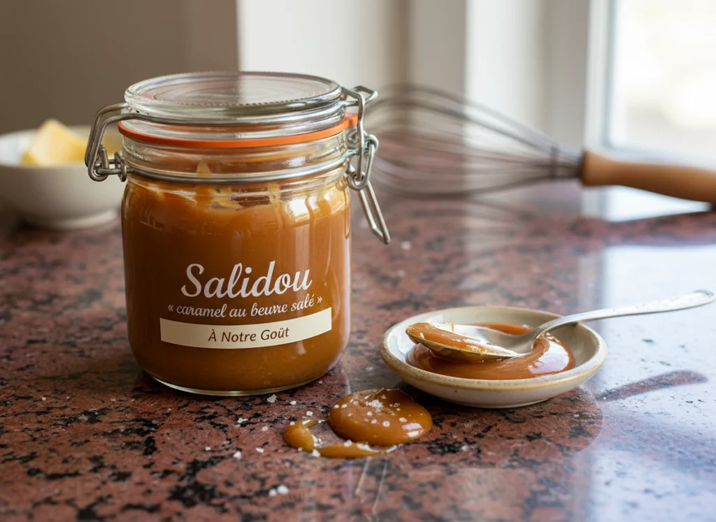 Un pot en verre rempli de salidou, étiqueté « Salidou – caramel au beurre salé », posé sur un plan de travail. À côté, une petite coupelle contenant du caramel et une cuillère. Quelques éclaboussures de caramel sont visibles sur la surface, avec un fouet et du beurre en arrière-plan.