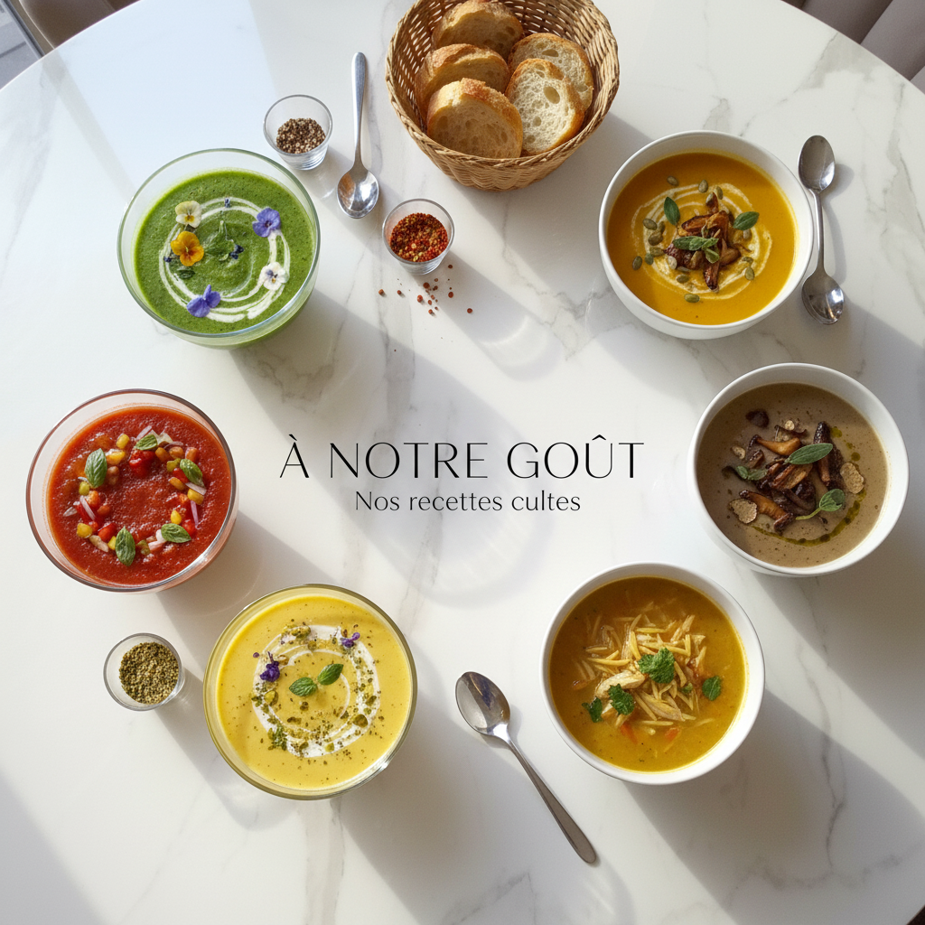 Assortiment de soupes color&eacute;es servies dans plusieurs bols, pr&eacute;sent&eacute; sur une table claire avec du pain.