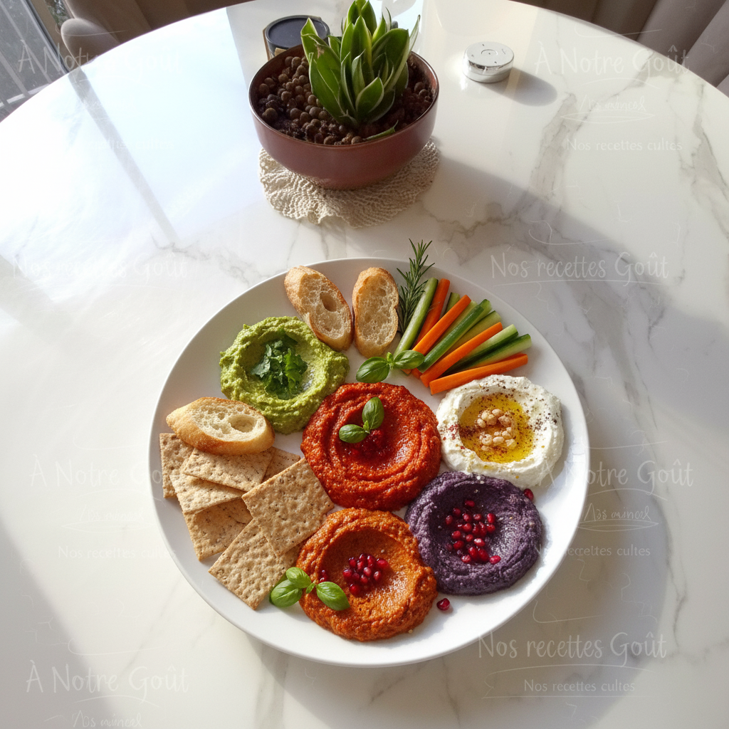 Assiette de tartinades color&eacute;es avec l&eacute;gumes croquants, craquelins et tranches de pain.