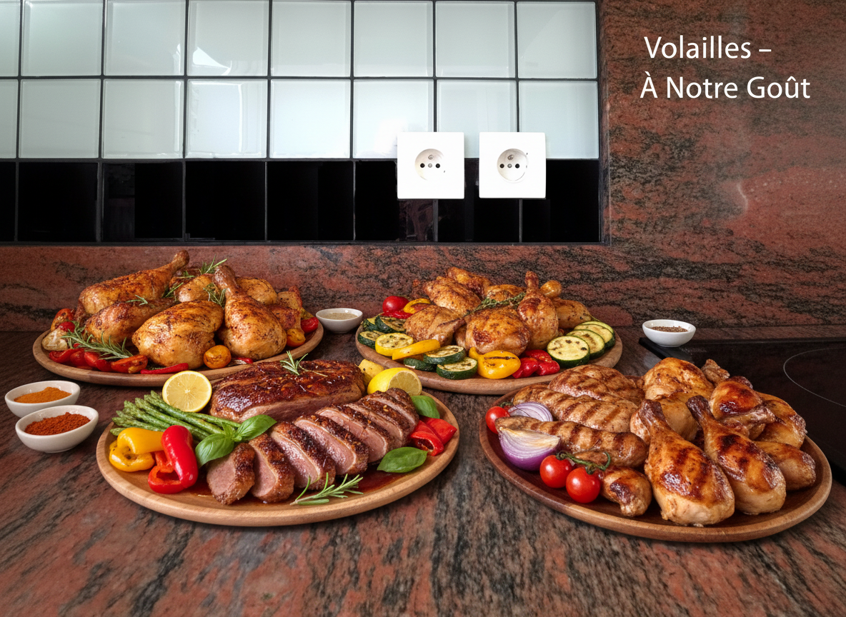 Grand assortiment de volailles rôties et grillées présenté sur plusieurs plateaux avec légumes, posé sur un plan de travail en granit rouge.