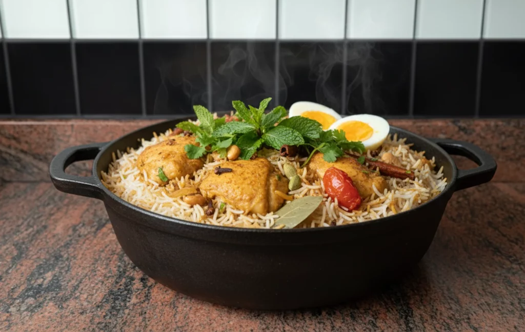Biryani de poulet en cocotte, riz basmati aux &eacute;pices, &oelig;ufs durs et herbes fra&icirc;ches, vapeur visible.