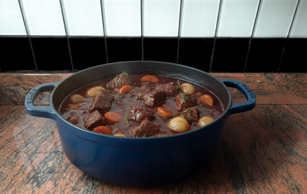 B&oelig;uf bourguignon en cocotte en fonte, avec carottes et oignons dans une sauce au vin rouge.