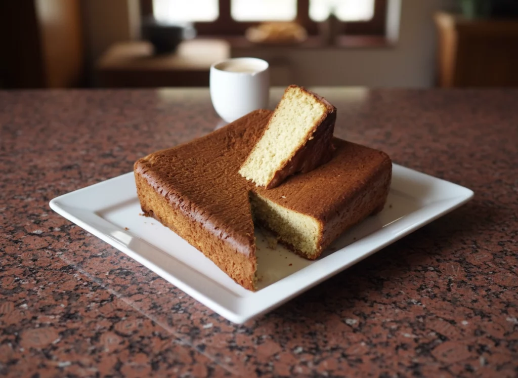 Castella maison coup&eacute; en part, montrant une texture int&eacute;rieure fine et moelleuse, pr&eacute;sent&eacute; sur assiette blanche.
