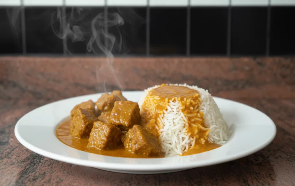 Curry d&rsquo;agneau en sauce orang&eacute;e servi avec riz basmati blanc, vapeur visible au-dessus du plat.
