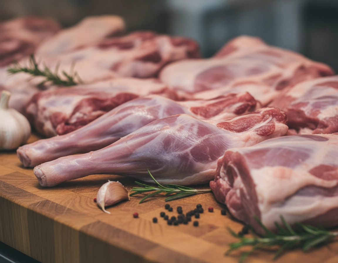 D&eacute;coupe de lapin cru sur planche en bois avec herbes aromatiques.