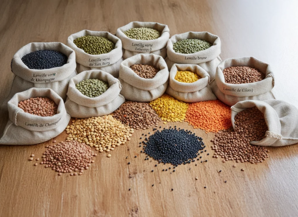 Assortiment de lentilles vari&eacute;es pr&eacute;sent&eacute;es en sacs sur table en bois, diff&eacute;rentes couleurs et textures.
