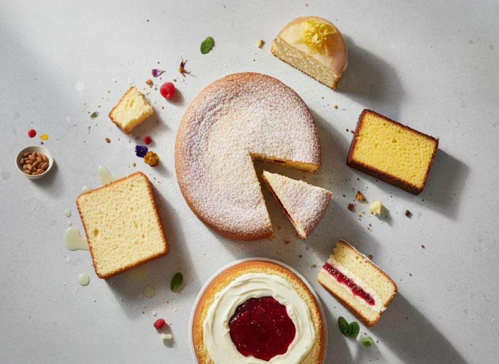 Diff&eacute;rents g&acirc;teaux &eacute;ponge en vue de dessus : g&eacute;noise ronde, tranche &agrave; la confiture et biscuits moelleux sur fond clair.