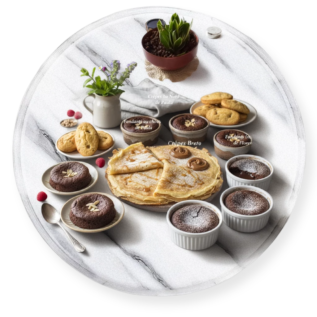 Assortiment de cr&ecirc;pes, fondants au chocolat, cookies et petits g&acirc;teaux maison sur plateau rond.