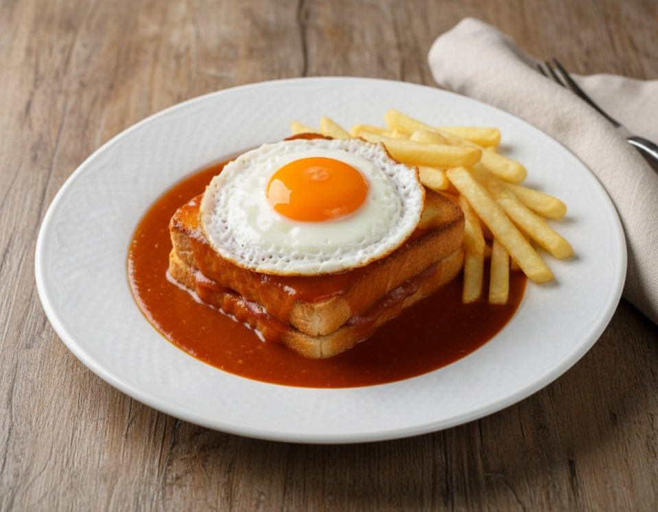 Francesinha portugaise avec &oelig;uf au plat et frites, napp&eacute;e de sauce.