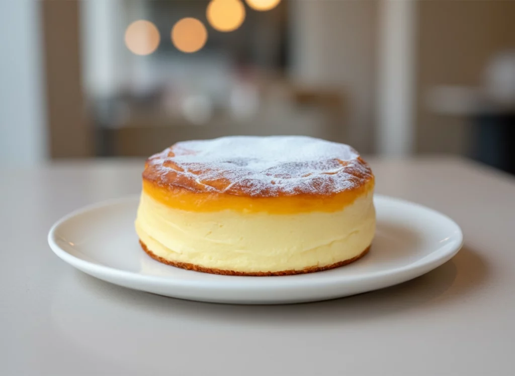 G&acirc;teau neige l&eacute;ger saupoudr&eacute; de sucre glace sur assiette blanche.
