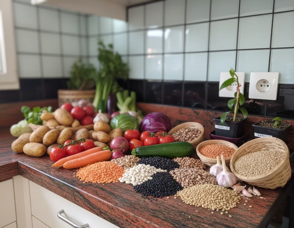 L&eacute;gumes frais et l&eacute;gumineuses vari&eacute;es dispos&eacute;s sur un plan de travail de cuisine.